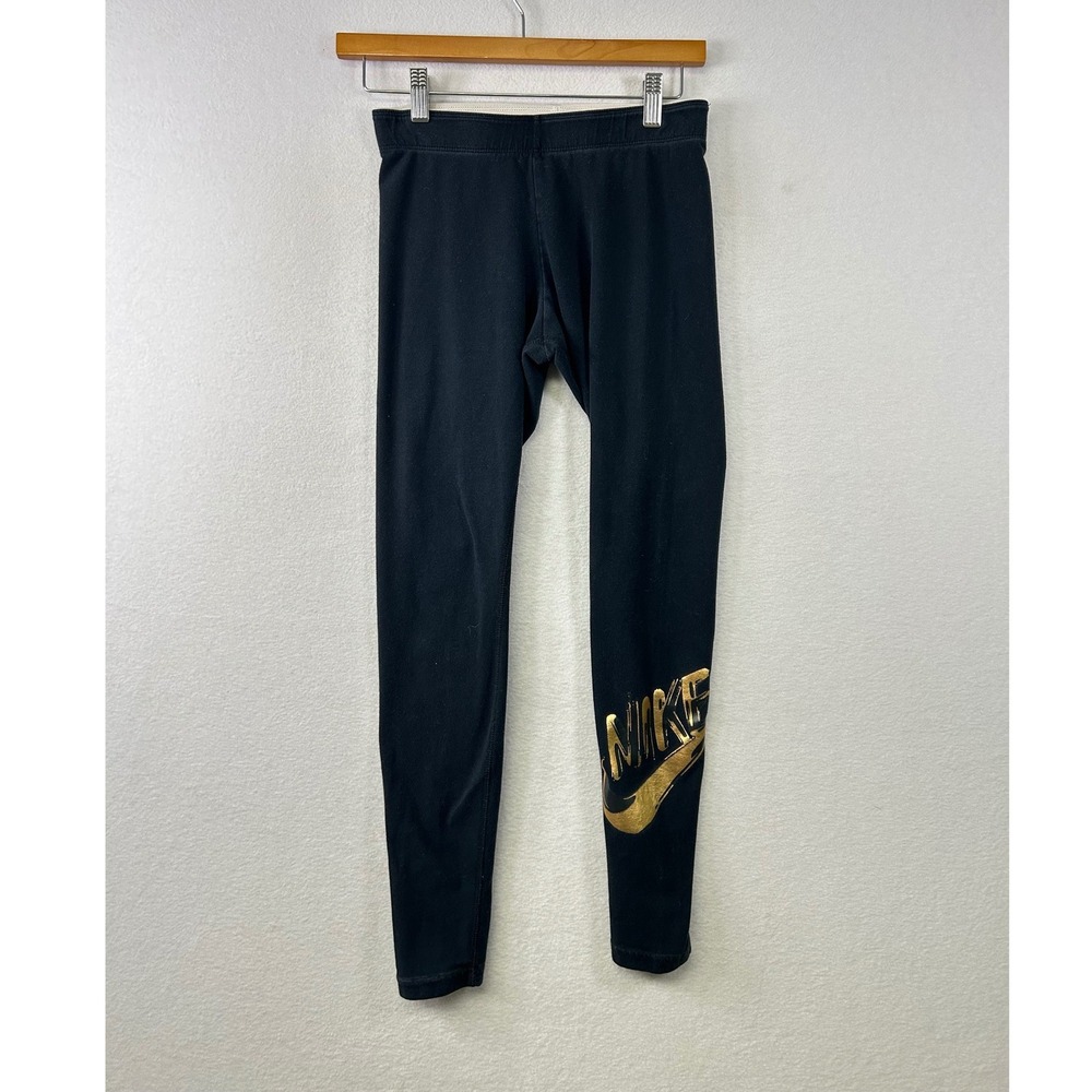 Nike Black Gold Swoosh Logo Leggings‎ Women's Size Small Athletic Pants